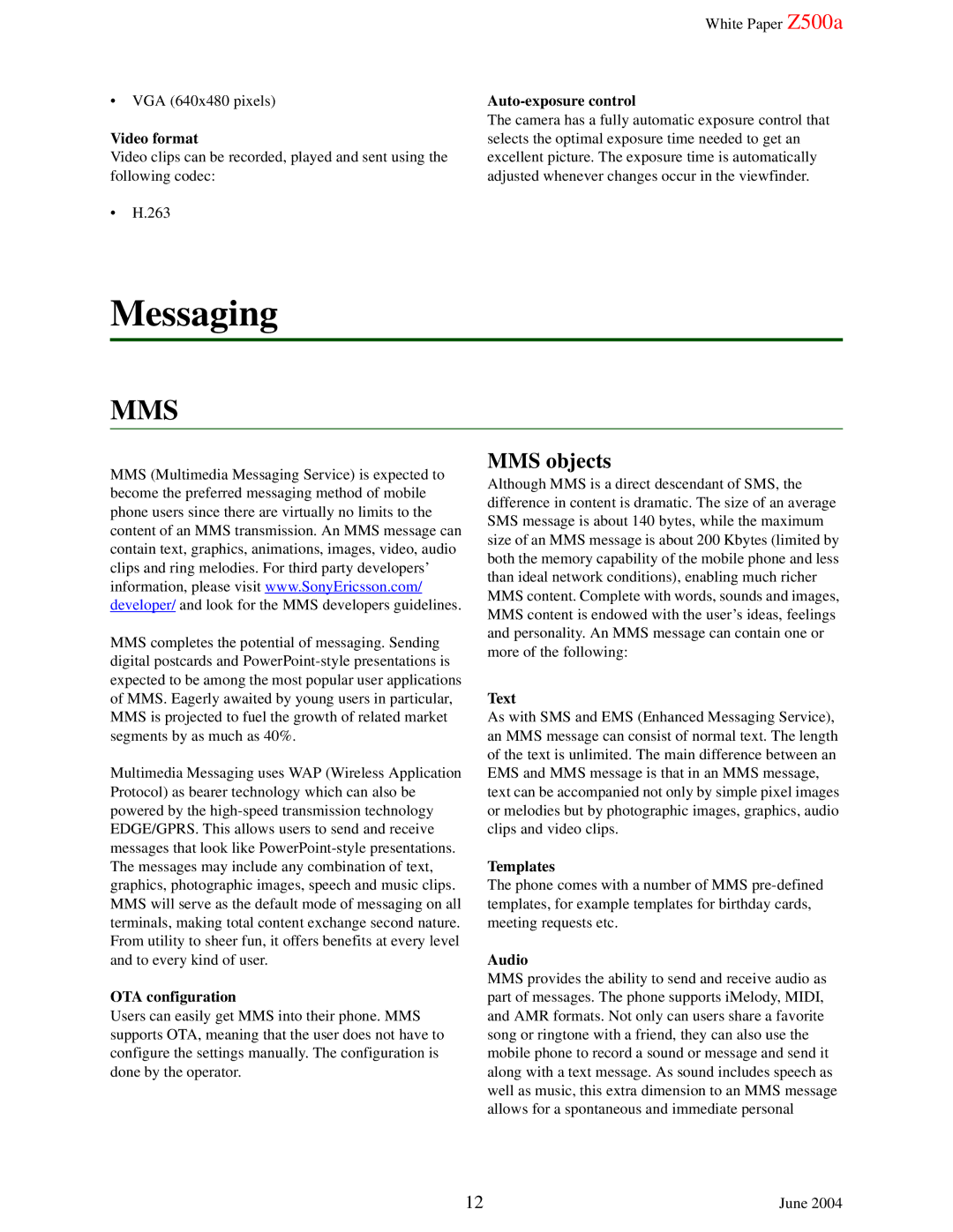 Sony Ericsson Z500A manual Messaging, MMS objects 