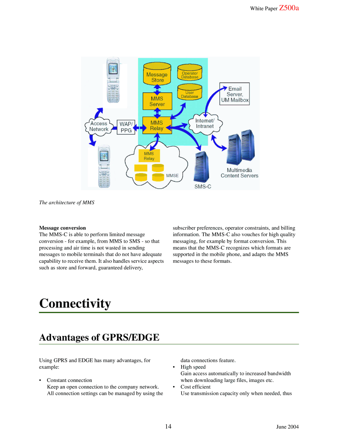 Sony Ericsson Z500A manual Connectivity, Advantages of GPRS/EDGE, Message conversion 