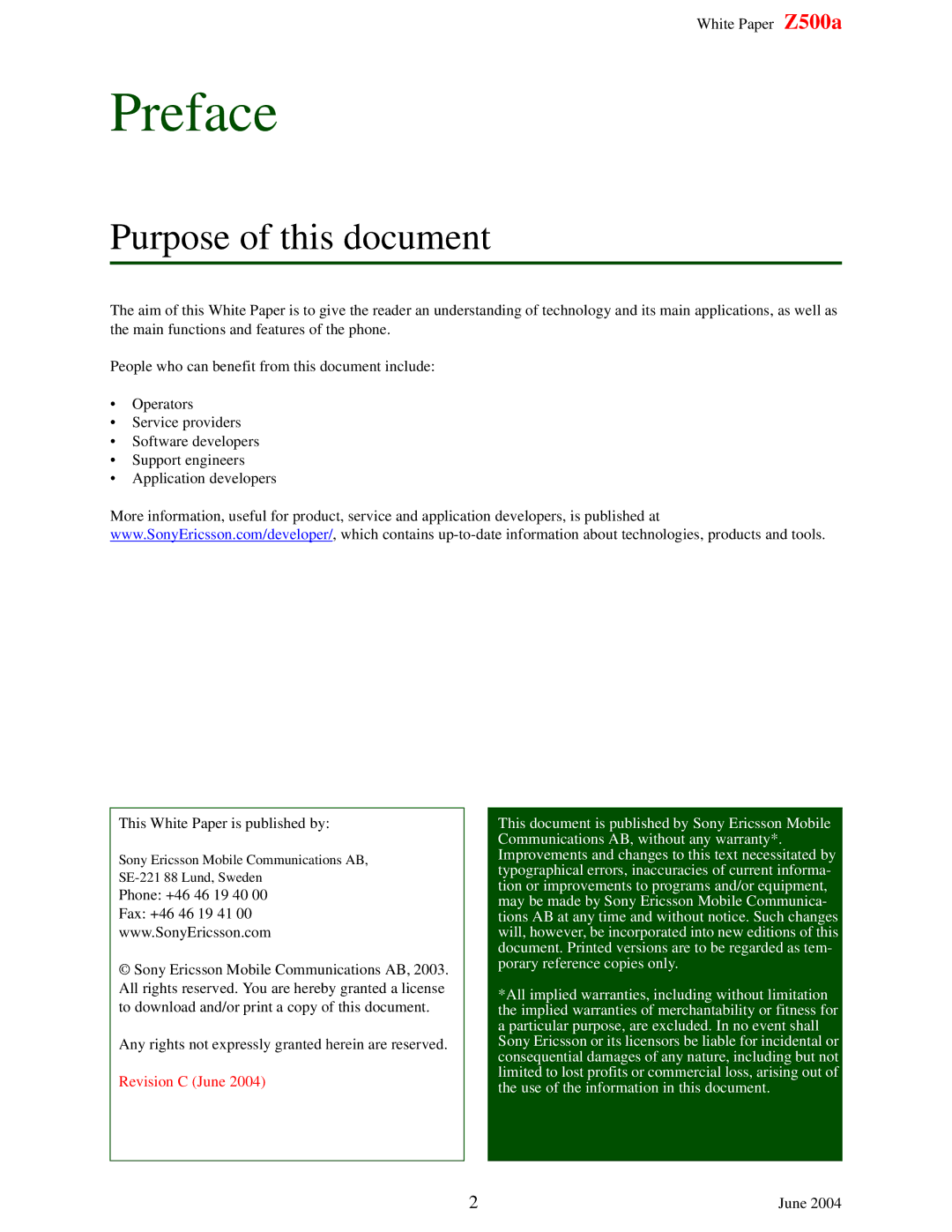 Sony Ericsson Z500A manual Preface 