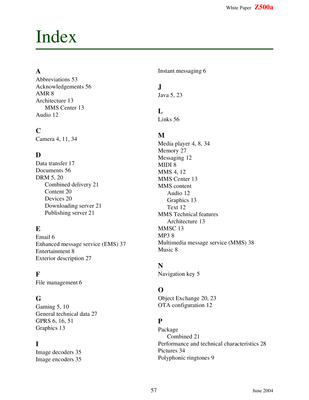 Sony Ericsson Z500A manual Index 