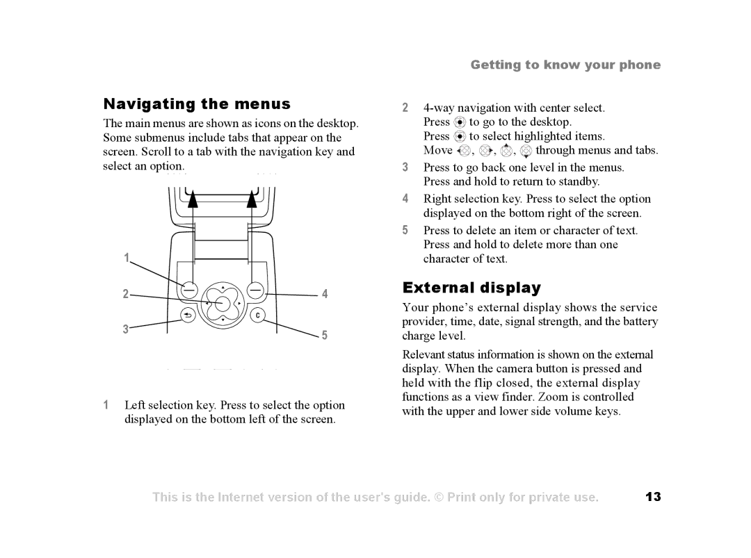 Sony Ericsson Z502a manual Navigating the menus, External display 