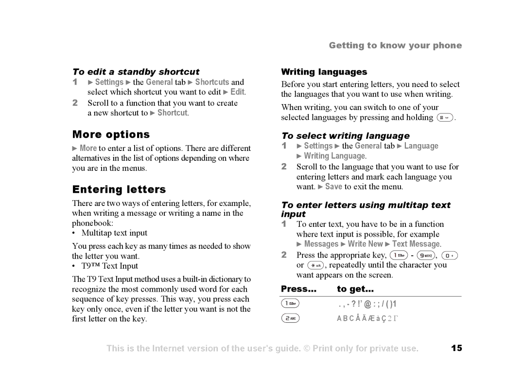 Sony Ericsson Z502a manual More options, Entering letters, To edit a standby shortcut, To select writing language 