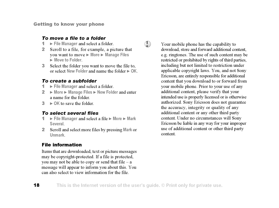 Sony Ericsson Z502a manual To move a file to a folder, To create a subfolder, To select several files, Unmark 