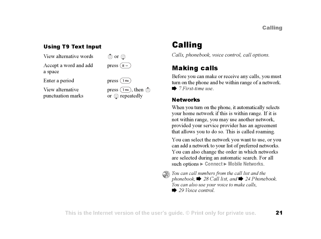 Sony Ericsson Z502a manual Calling, Making calls, Using T9 Text Input, Networks 