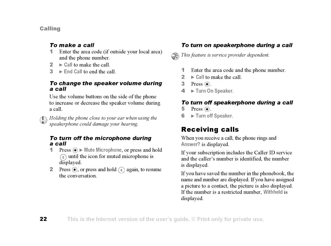 Sony Ericsson Z502a manual Receiving calls 