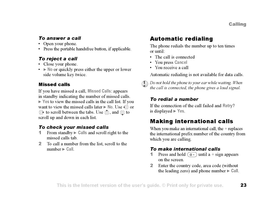 Sony Ericsson Z502a manual Automatic redialing, Making international calls 