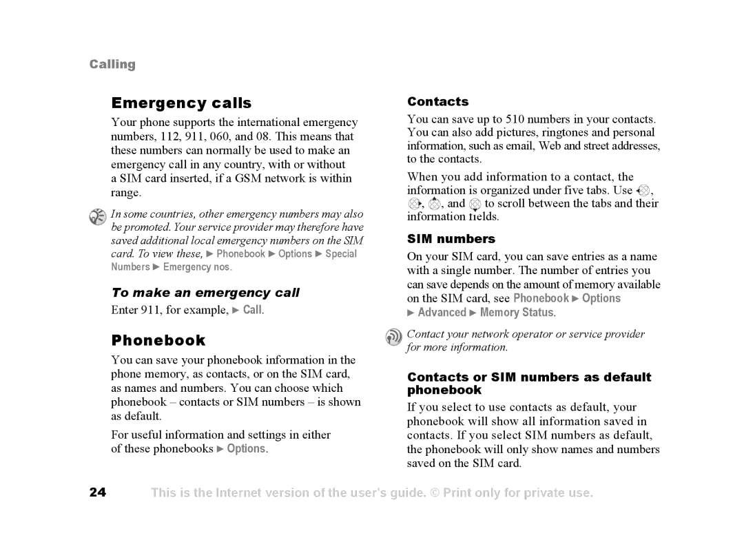 Sony Ericsson Z502a manual Emergency calls, Phonebook, To make an emergency call, Advanced Memory Status 