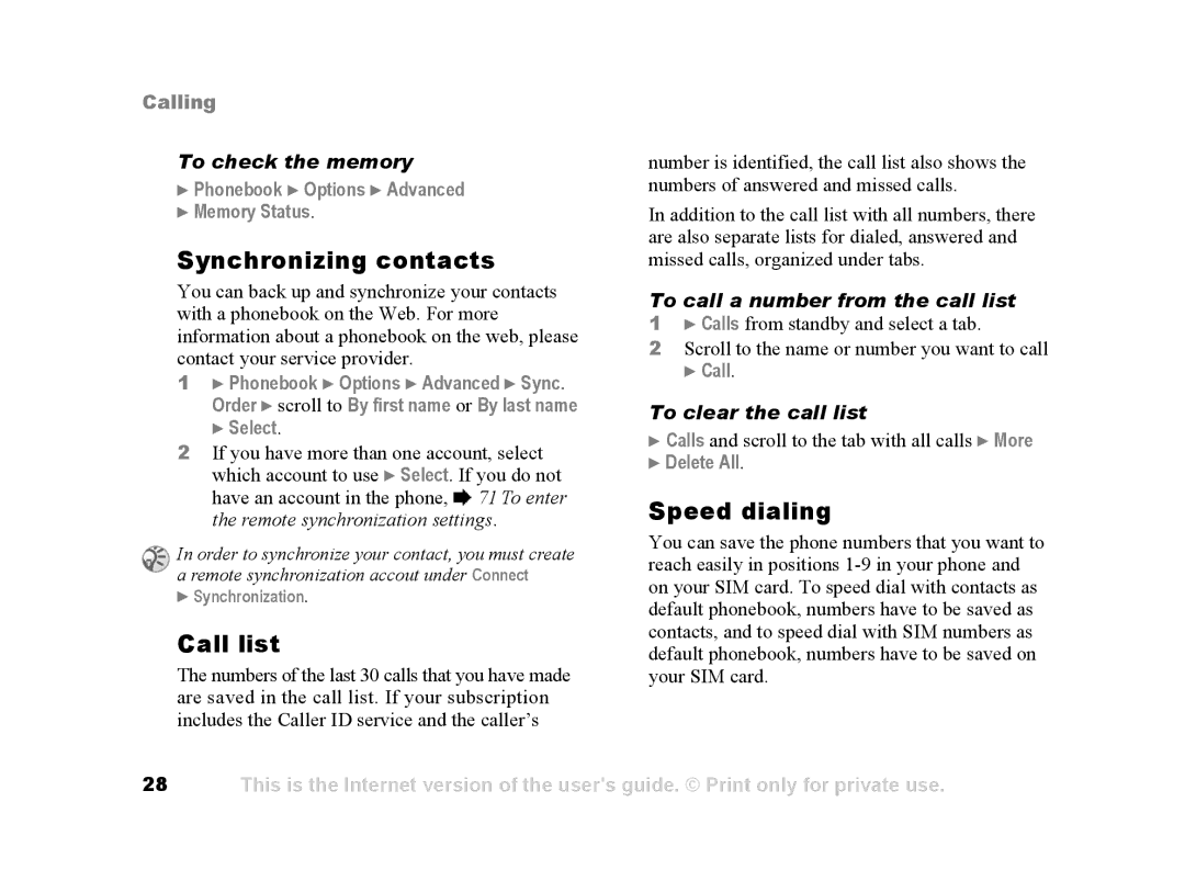 Sony Ericsson Z502a manual Synchronizing contacts, Call list, Speed dialing 