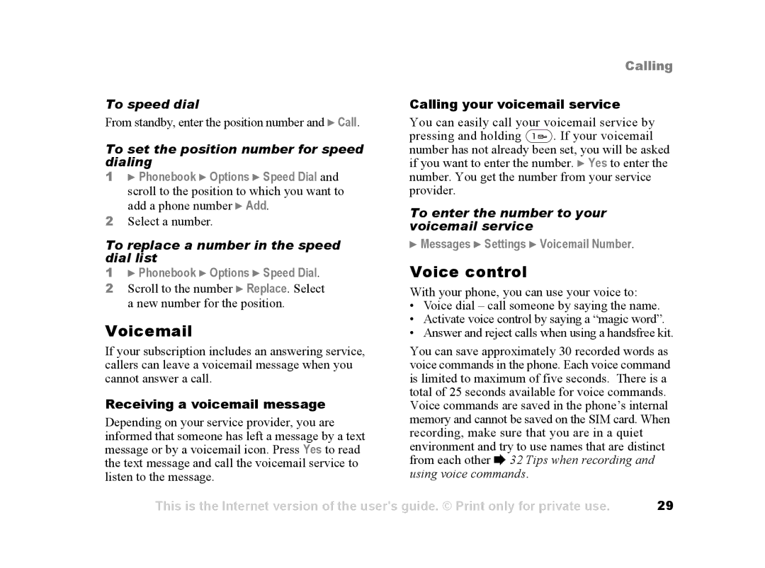 Sony Ericsson Z502a manual Voicemail, Voice control 