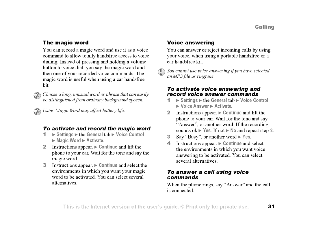 Sony Ericsson Z502a manual Magic word, To activate and record the magic word, To answer a call using voice commands 
