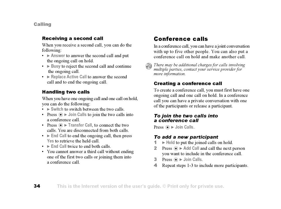 Sony Ericsson Z502a manual Conference calls, To join the two calls into a conference call, Press Join Calls 