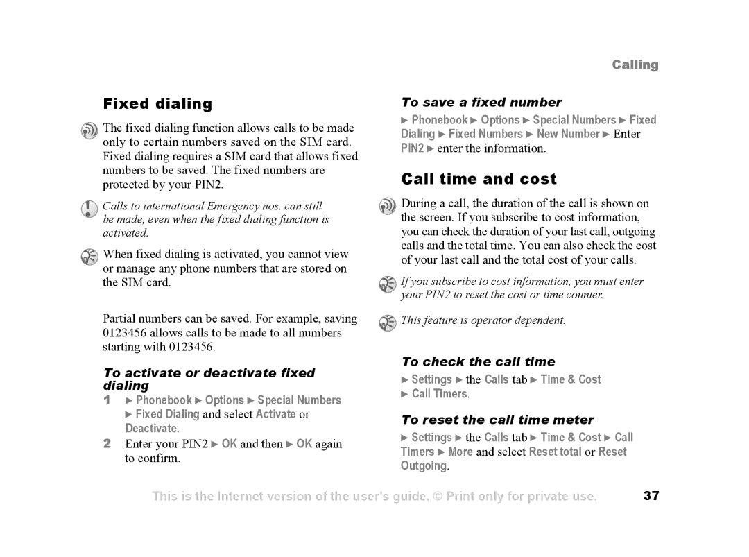 Sony Ericsson Z502a manual Fixed dialing, Call time and cost 