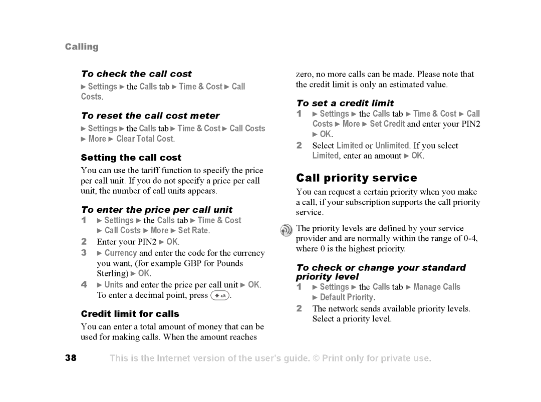 Sony Ericsson Z502a manual Call priority service 