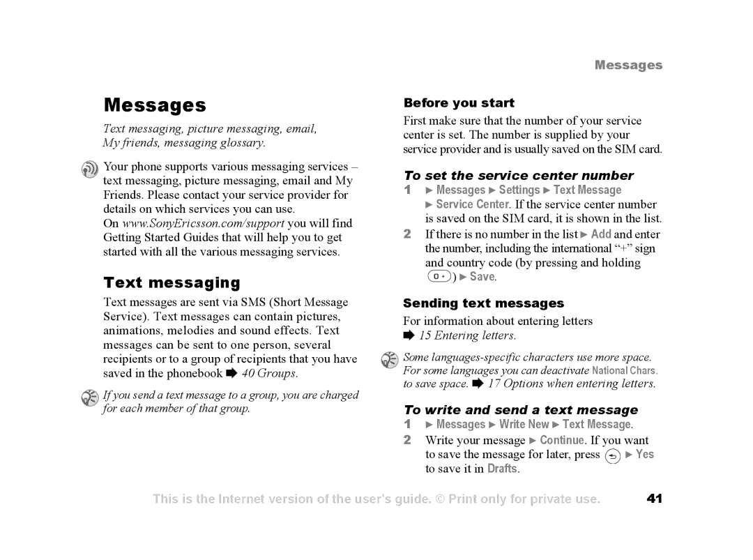 Sony Ericsson Z502a manual Messages, Text messaging, To set the service center number, To write and send a text message 