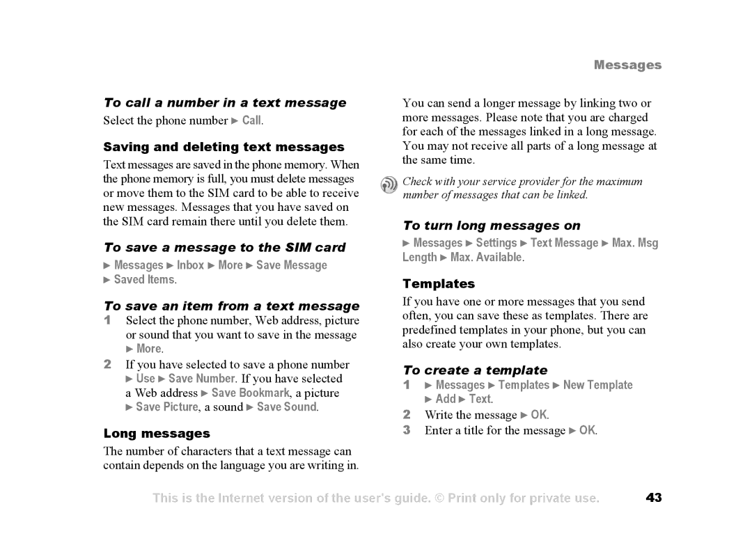 Sony Ericsson Z502a manual To save a message to the SIM card, To save an item from a text message, To turn long messages on 