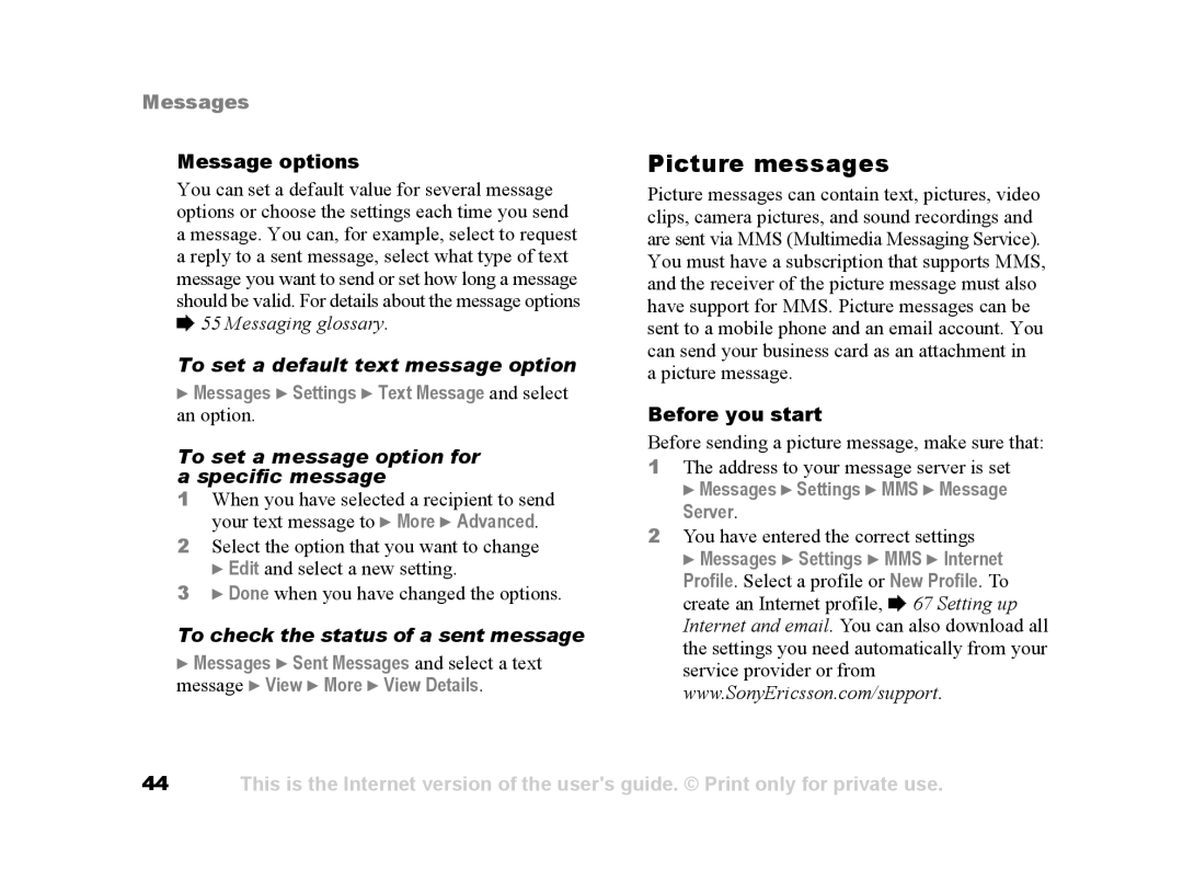 Sony Ericsson Z502a Picture messages, To set a default text message option, To set a message option for a specific message 