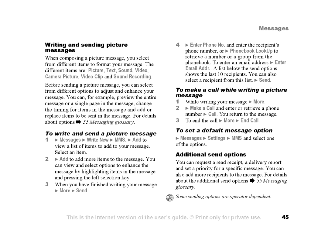 Sony Ericsson Z502a manual To write and send a picture message, More Send Messages, To set a default message option 