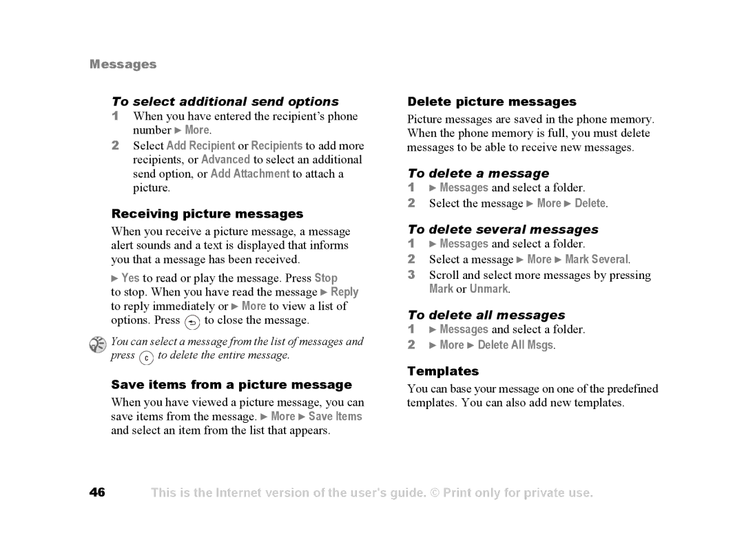 Sony Ericsson Z502a manual To select additional send options, To delete a message, To delete several messages 