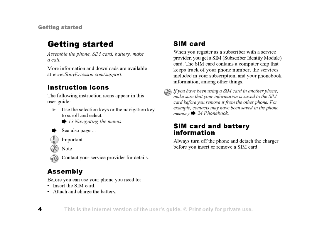 Sony Ericsson Z502a manual Getting started, Instruction icons, Assembly, SIM card and battery information 