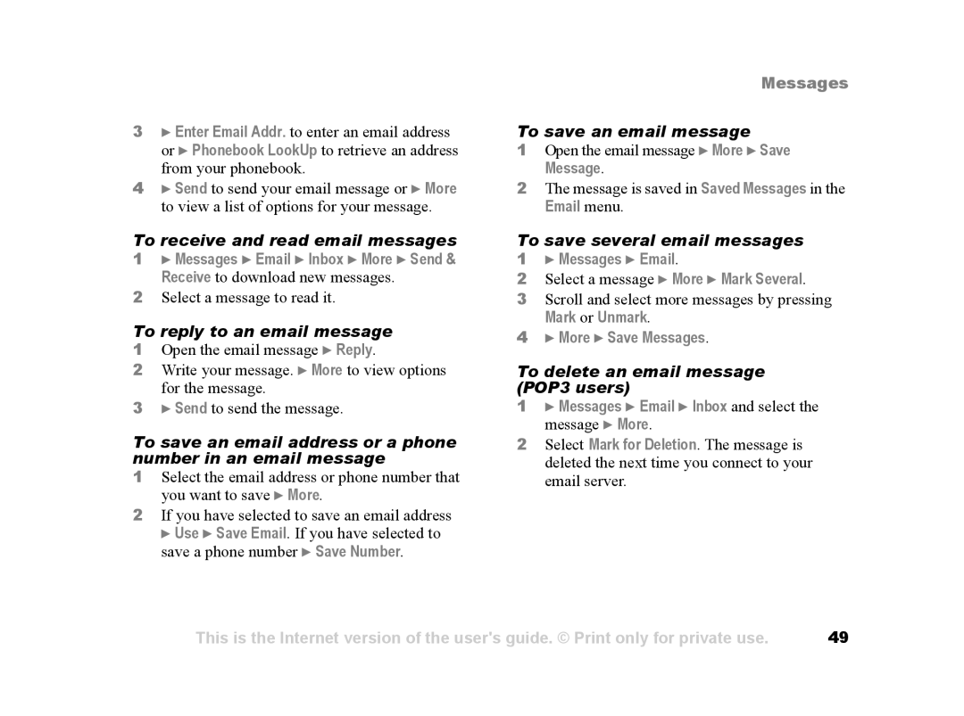 Sony Ericsson Z502a manual To receive and read email messages, To reply to an email message, To save an email message 