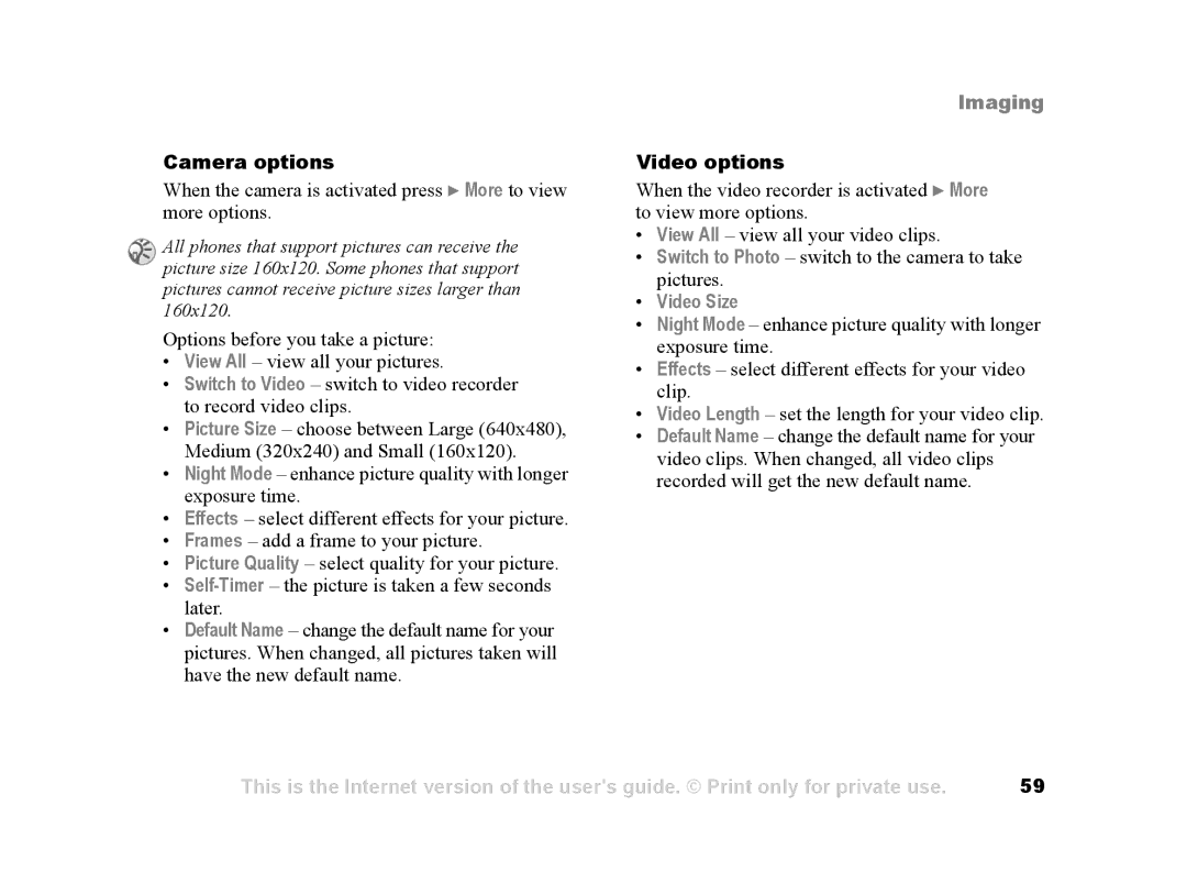 Sony Ericsson Z502a manual Camera options, Video options, Video Size 