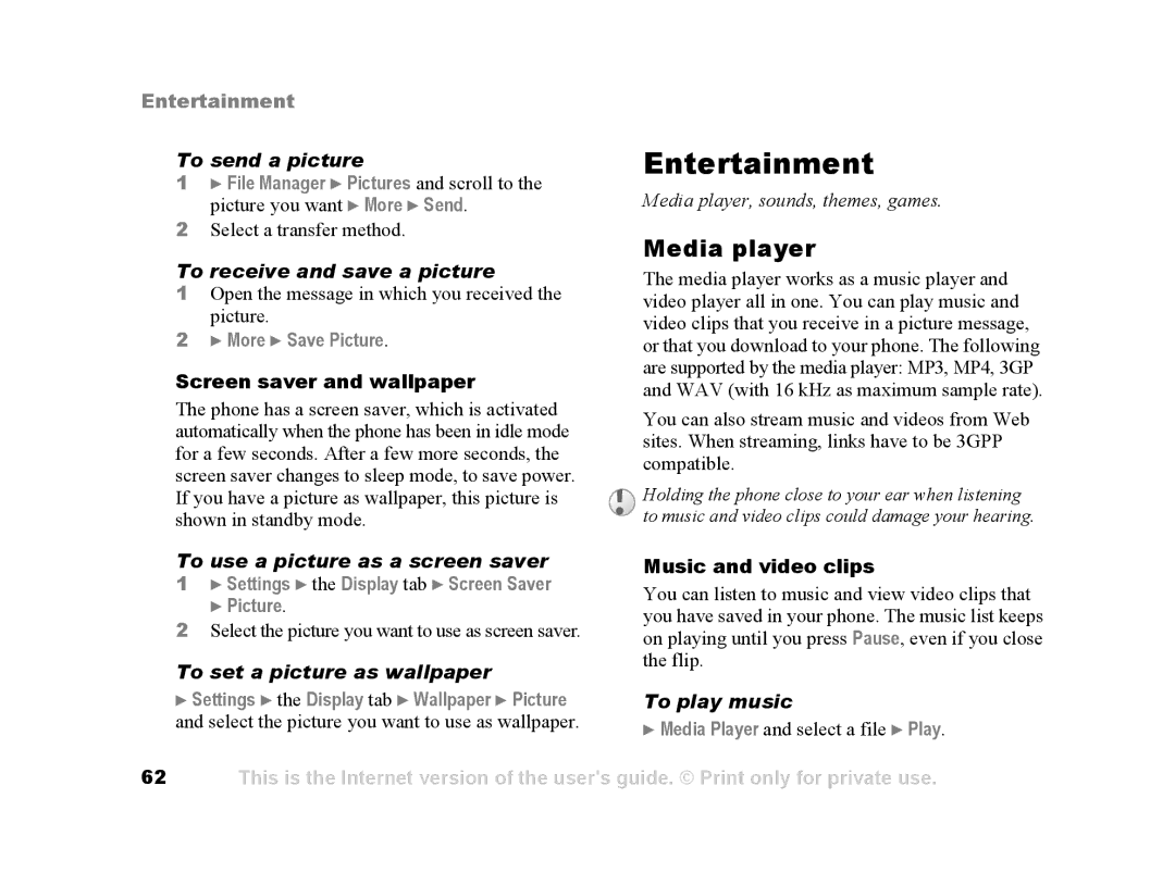 Sony Ericsson Z502a manual Entertainment, Media player 