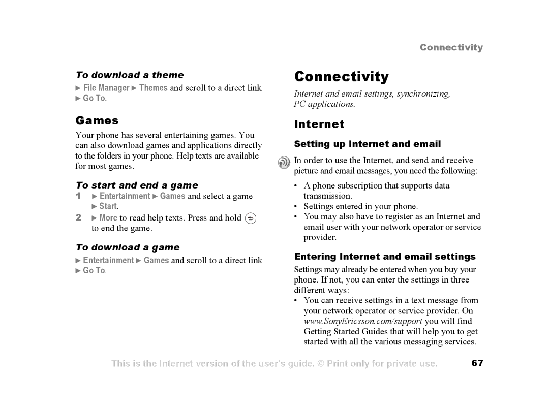 Sony Ericsson Z502a manual Connectivity, Games, Internet 