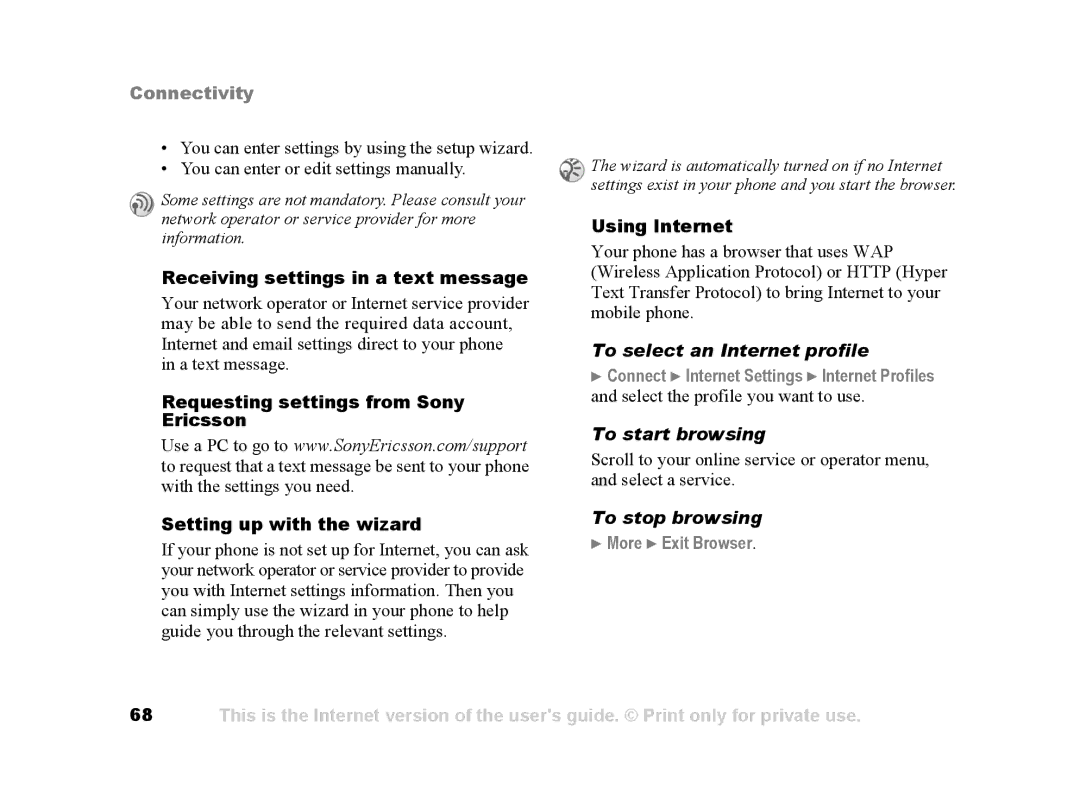 Sony Ericsson Z502a manual To select an Internet profile, To start browsing, To stop browsing, More Exit Browser 