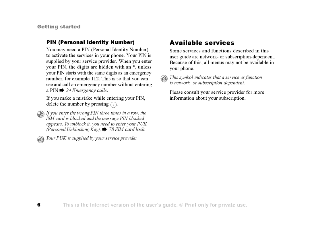 Sony Ericsson Z502a manual Available services, PIN Personal Identity Number 