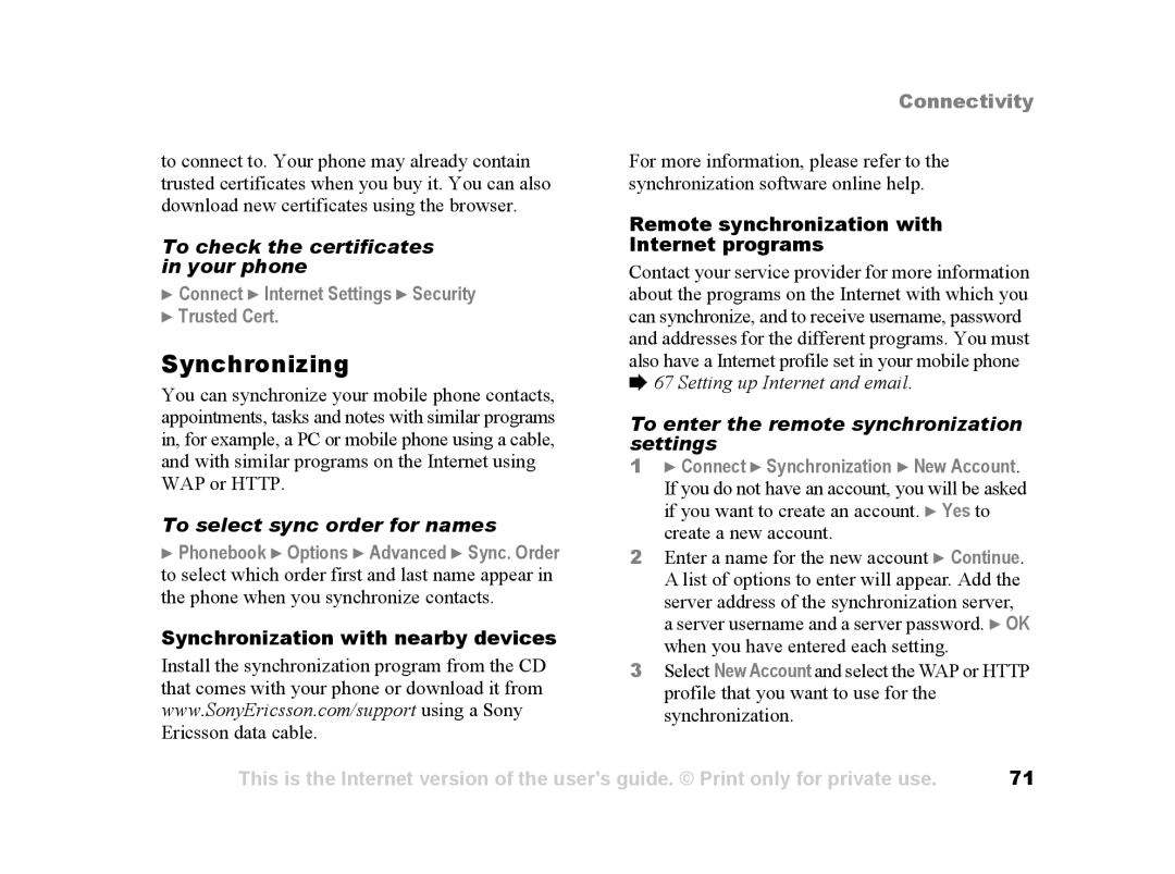 Sony Ericsson Z502a manual Synchronizing, To check the certificates in your phone, To select sync order for names 