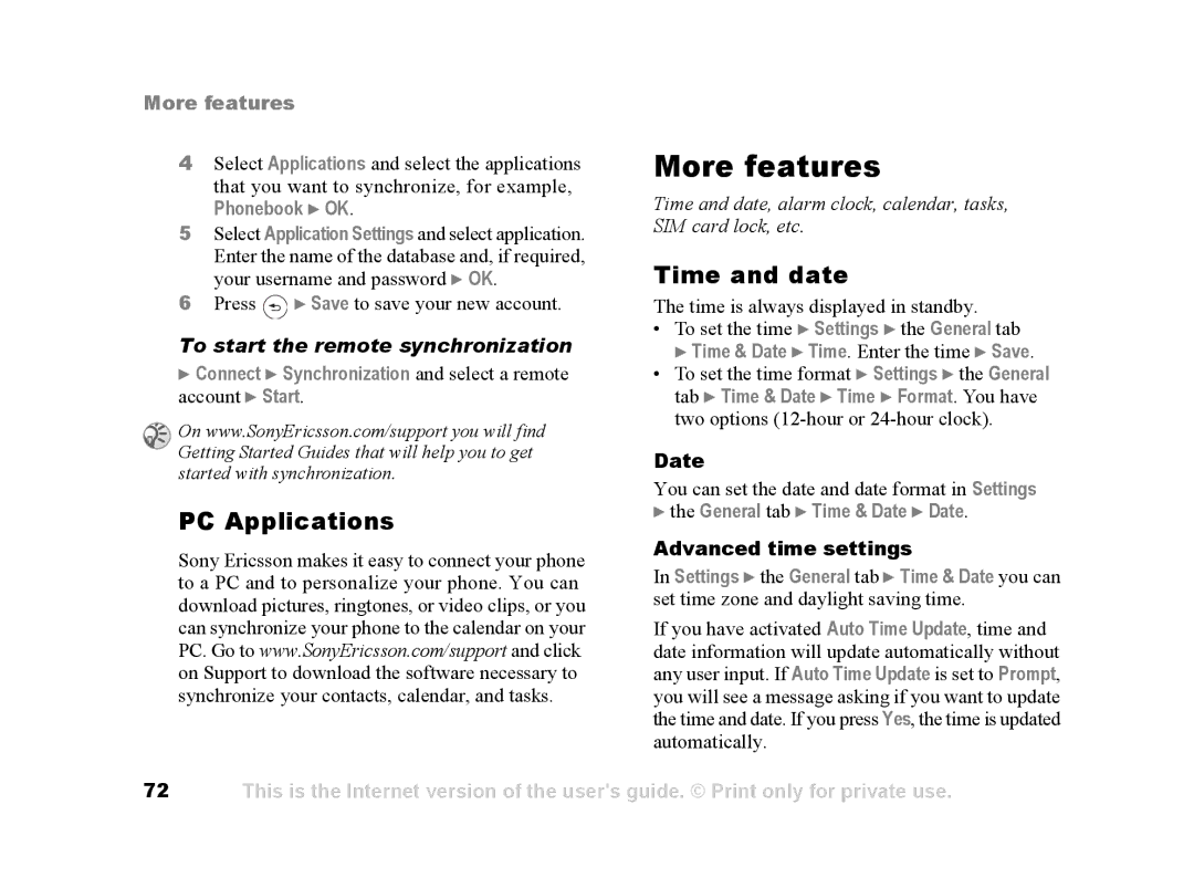 Sony Ericsson Z502a manual More features, PC Applications, Time and date, To start the remote synchronization 