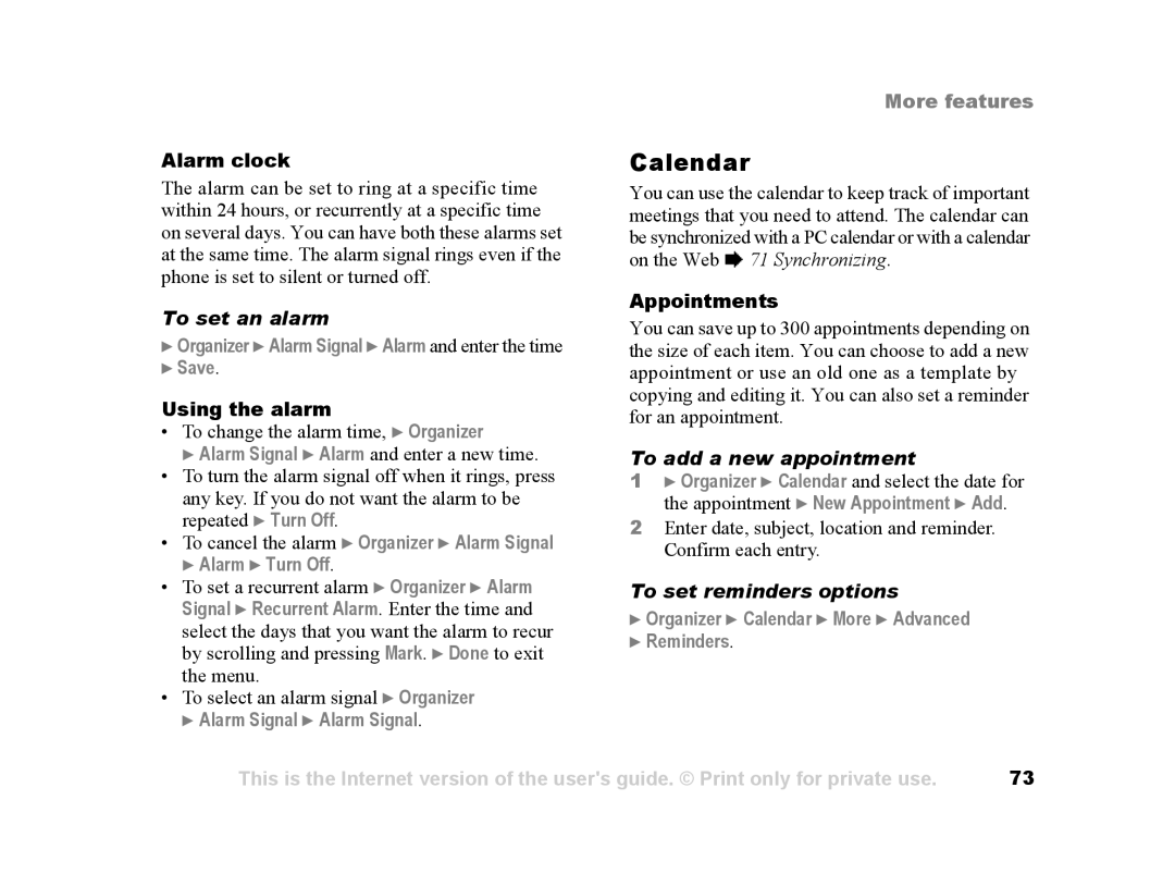 Sony Ericsson Z502a manual Calendar, To set an alarm, To add a new appointment, To set reminders options 