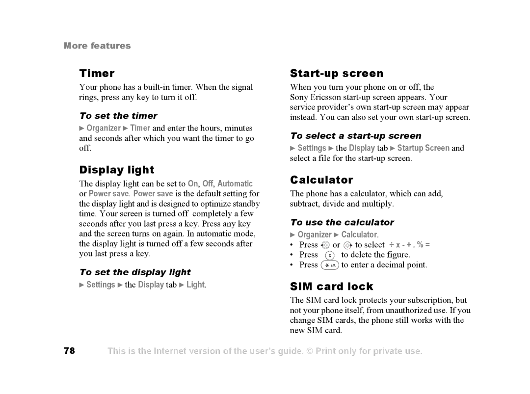 Sony Ericsson Z502a manual Timer Start-up screen, Display light, Calculator, SIM card lock 