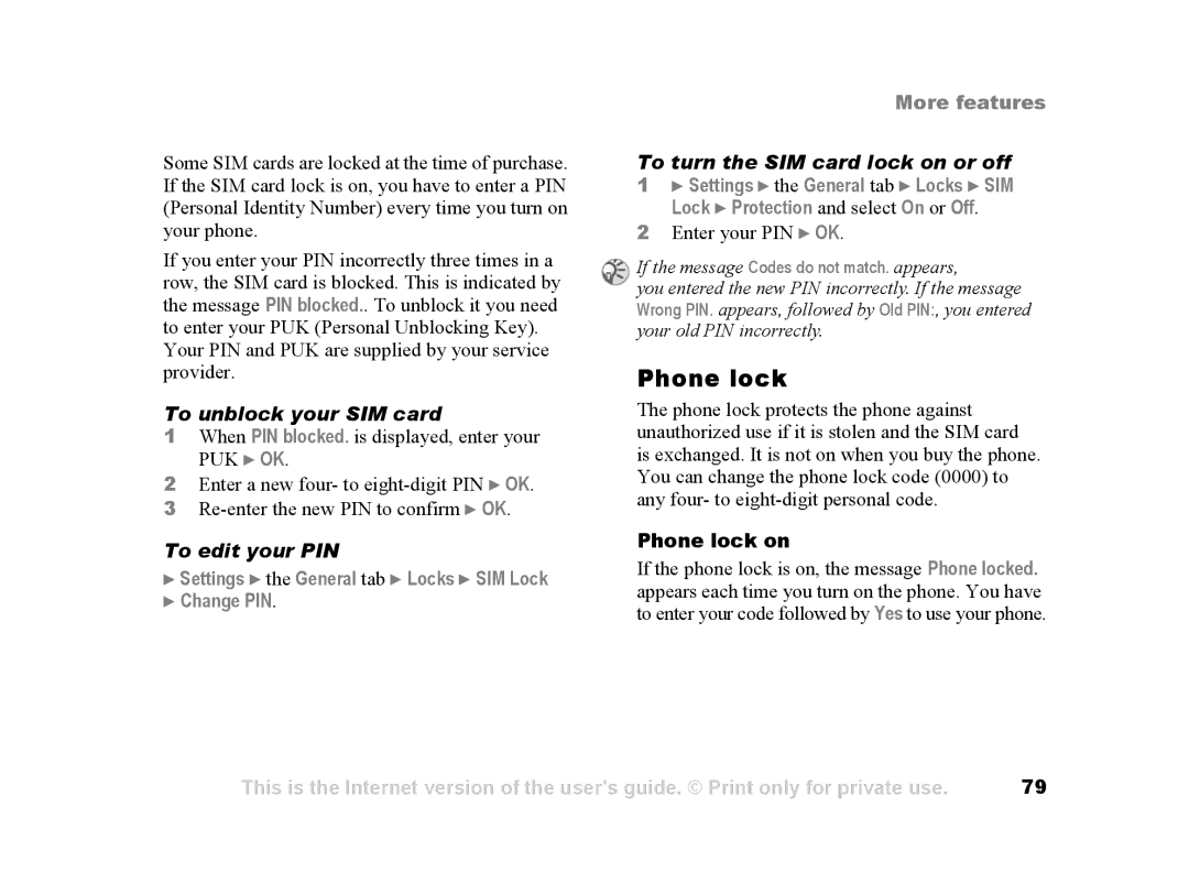 Sony Ericsson Z502a manual Phone lock, To unblock your SIM card, To edit your PIN, To turn the SIM card lock on or off 