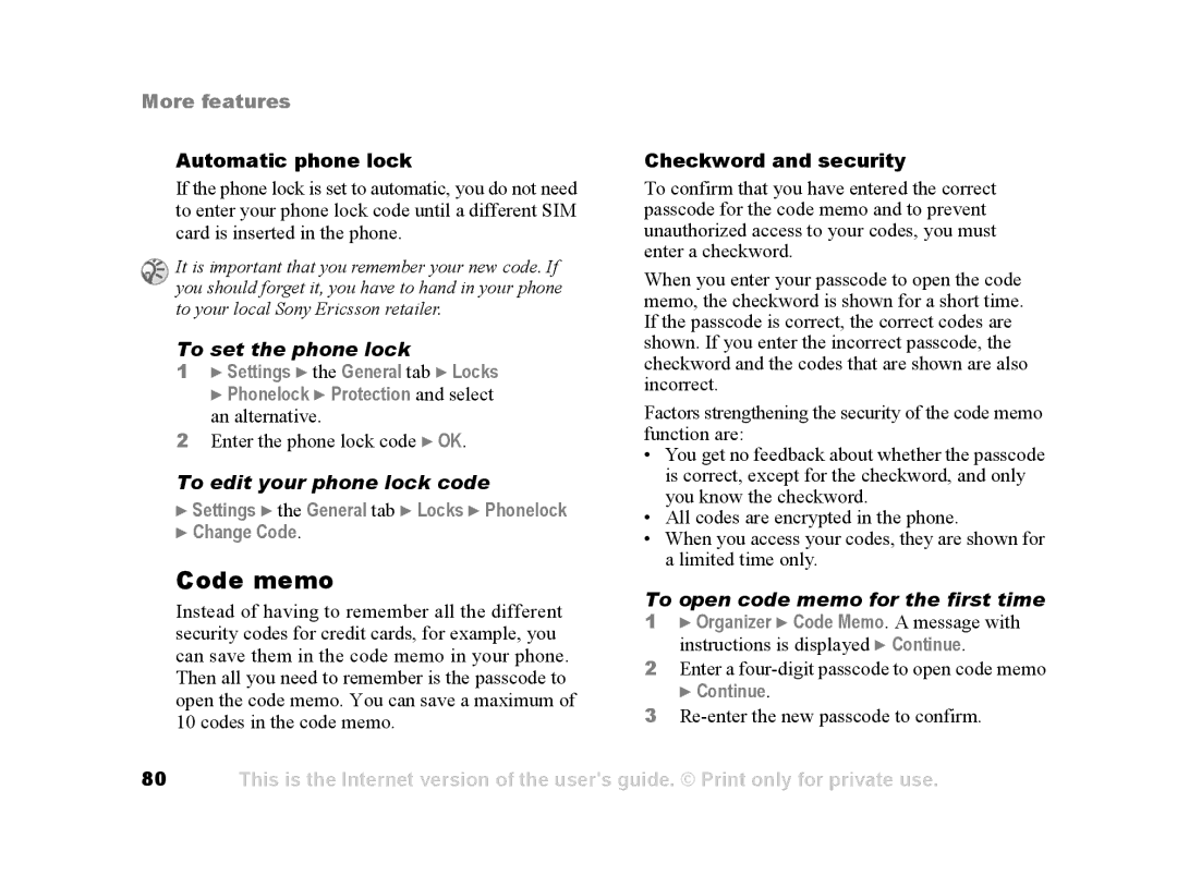 Sony Ericsson Z502a Code memo, To set the phone lock, To edit your phone lock code, To open code memo for the first time 