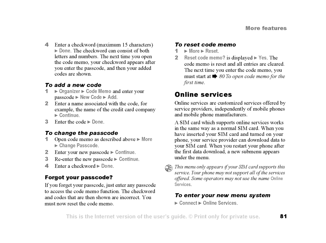 Sony Ericsson Z502a manual Online services, To add a new code, To change the passcode, To reset code memo 