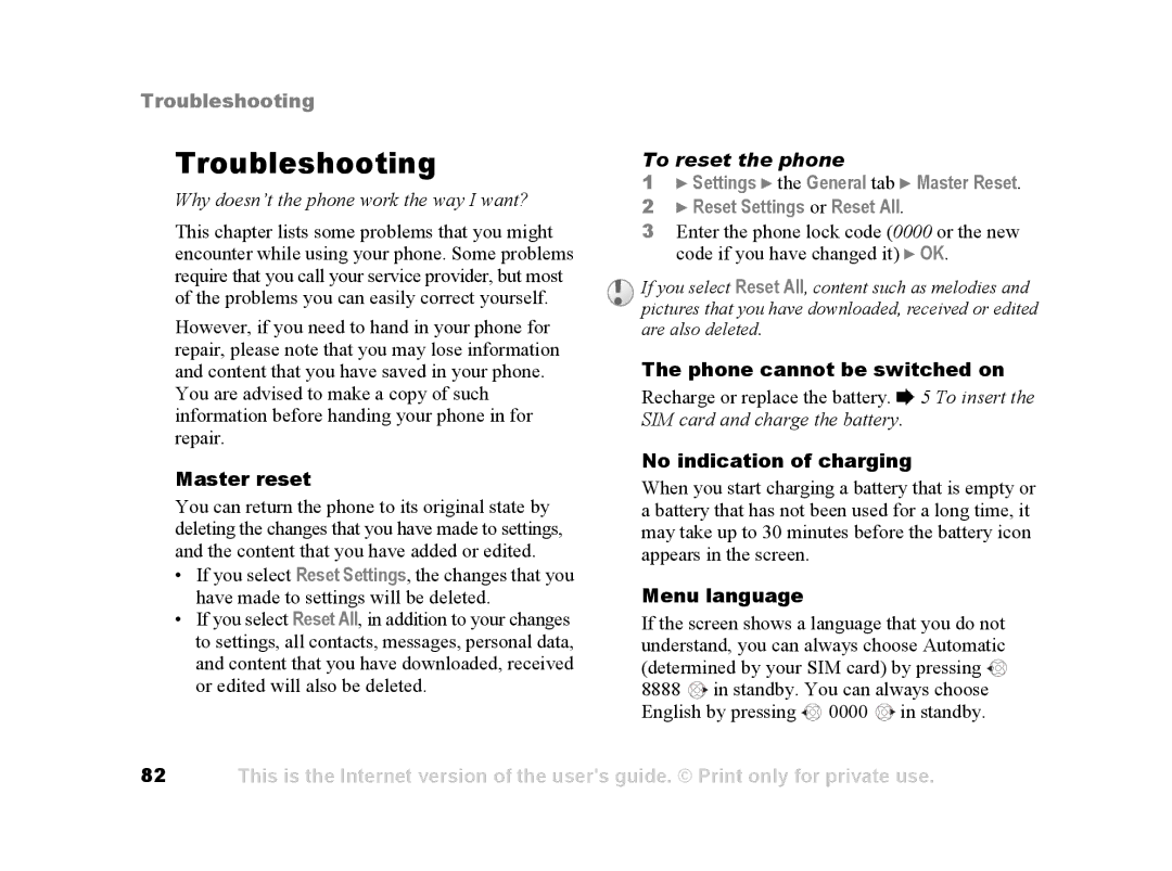 Sony Ericsson Z502a manual Troubleshooting, To reset the phone 