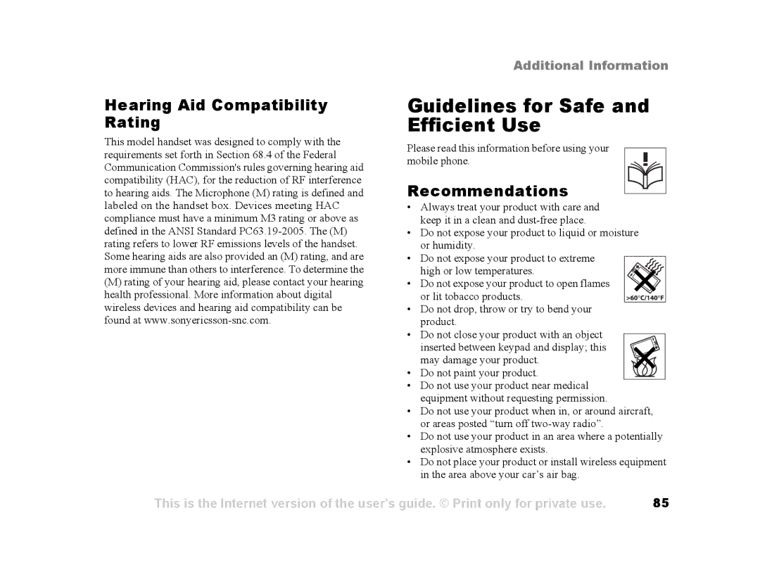 Sony Ericsson Z502a manual Guidelines for Safe and Efficient Use, Hearing Aid Compatibility Rating, Recommendations 