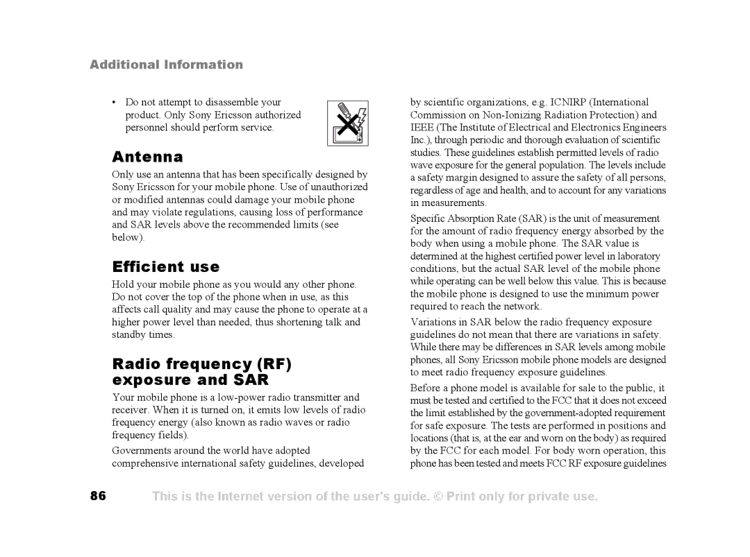 Sony Ericsson Z502a manual Antenna, Efficient use, Radio frequency RF exposure and SAR 