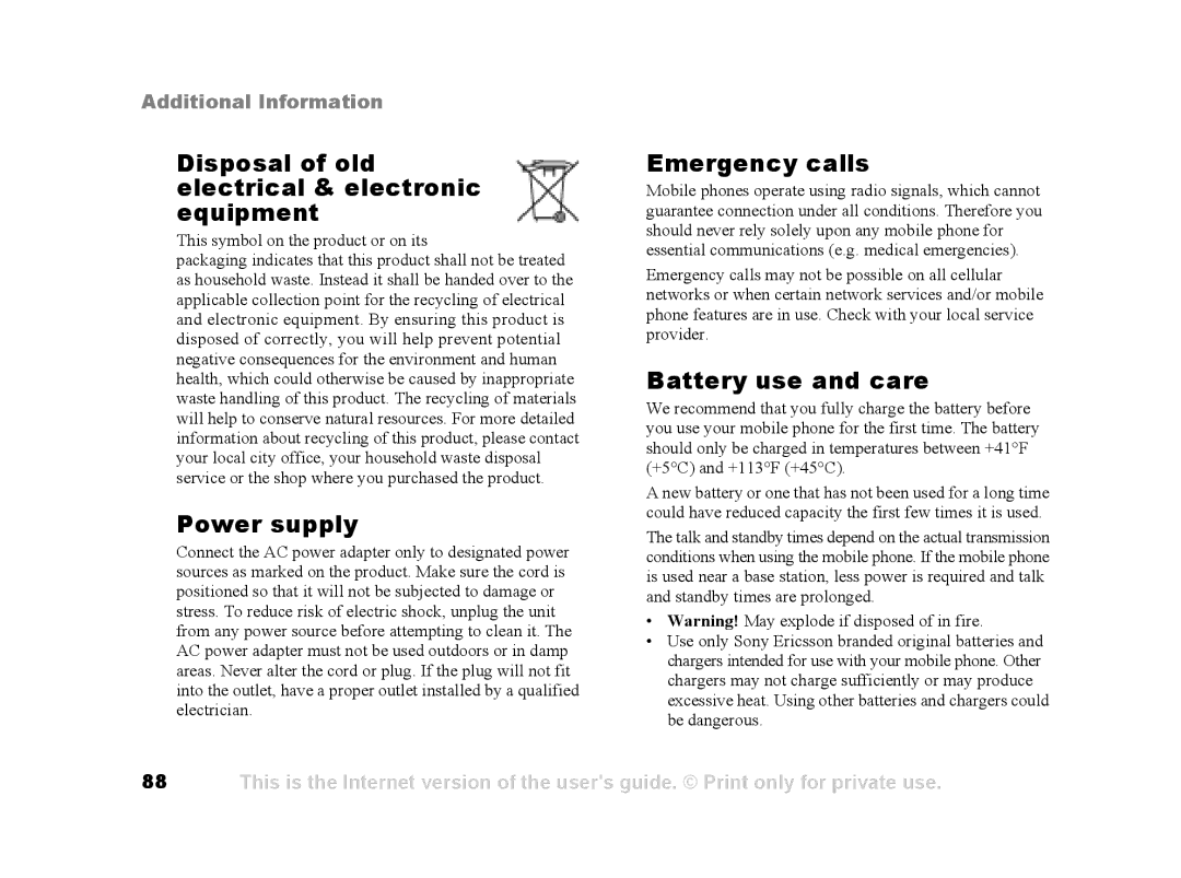 Sony Ericsson Z502a manual Disposal of old electrical & electronic equipment, Power supply, Battery use and care 