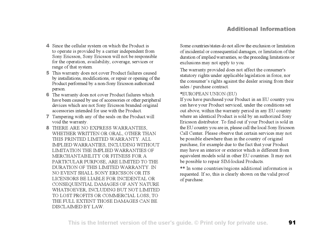 Sony Ericsson Z502a manual European Union EU 