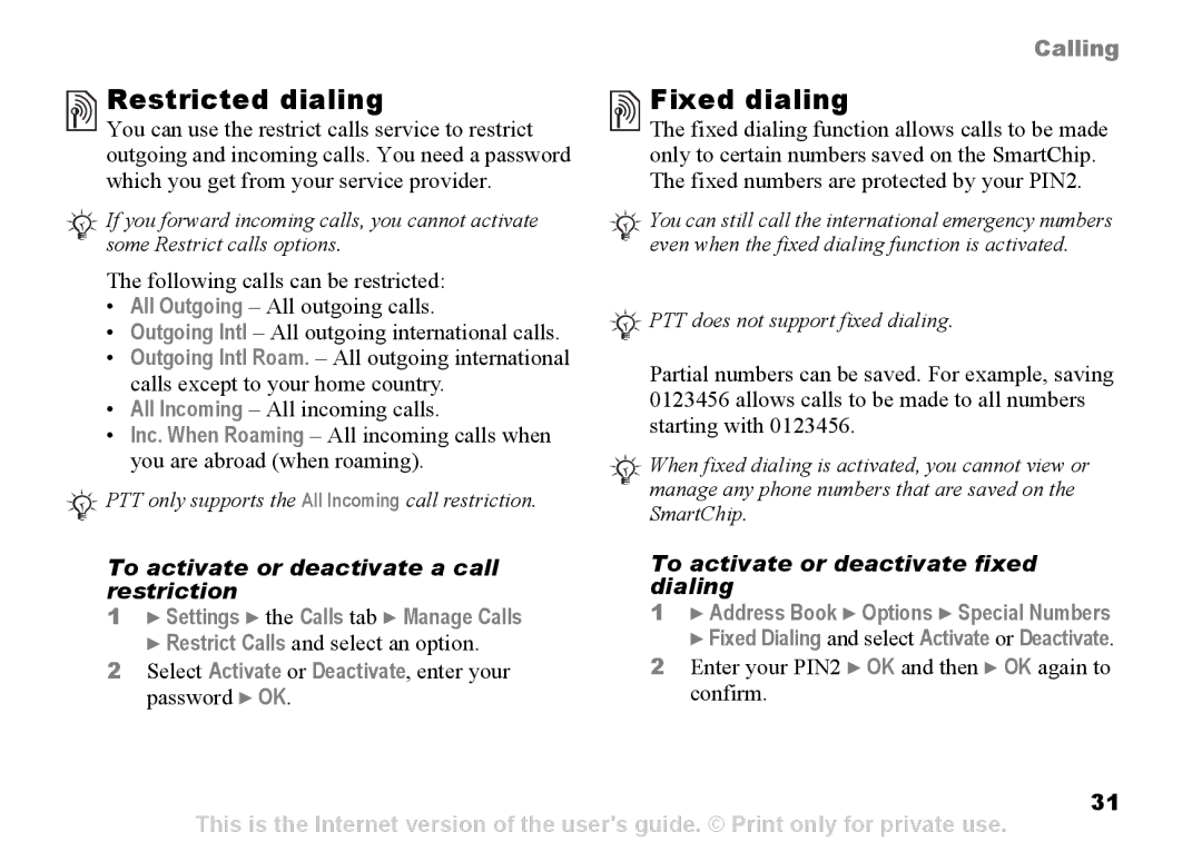 Sony Ericsson Z525a manual Restricted dialing, Fixed dialing 
