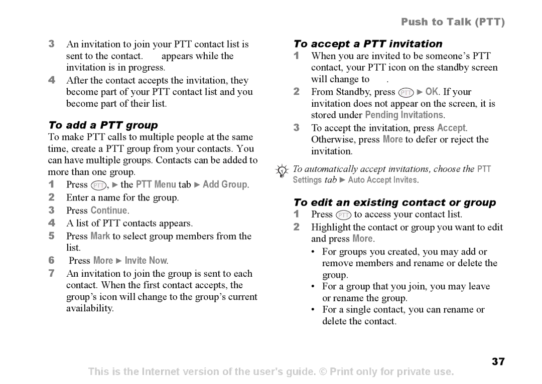 Sony Ericsson Z525a manual To accept a PTT invitation, To add a PTT group, To edit an existing contact or group 