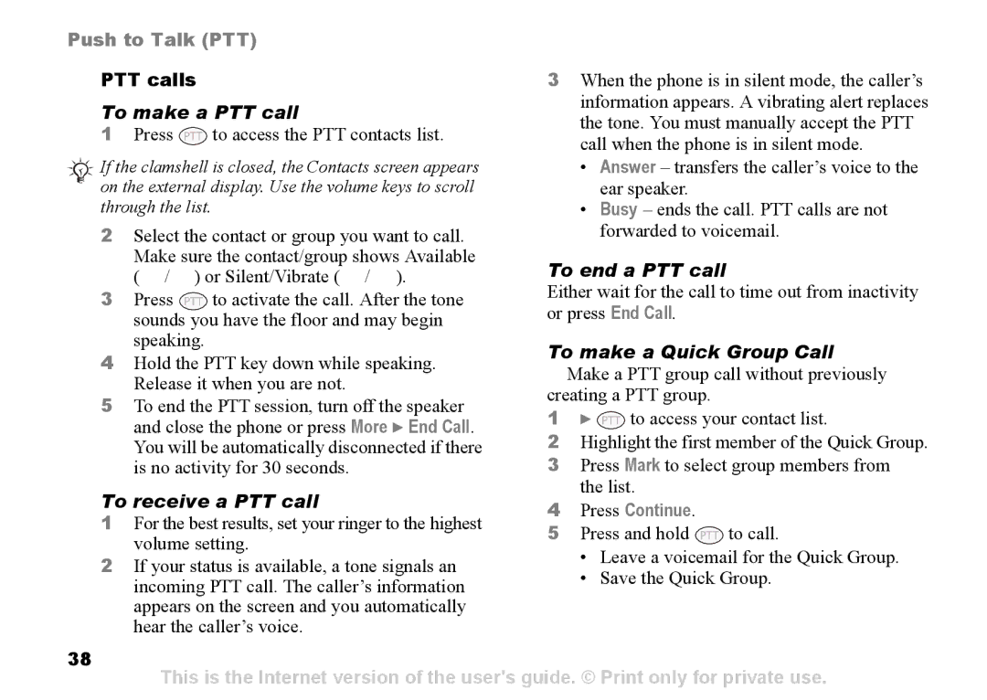 Sony Ericsson Z525a manual PTT calls, To make a PTT call, To make a Quick Group Call, To receive a PTT call 