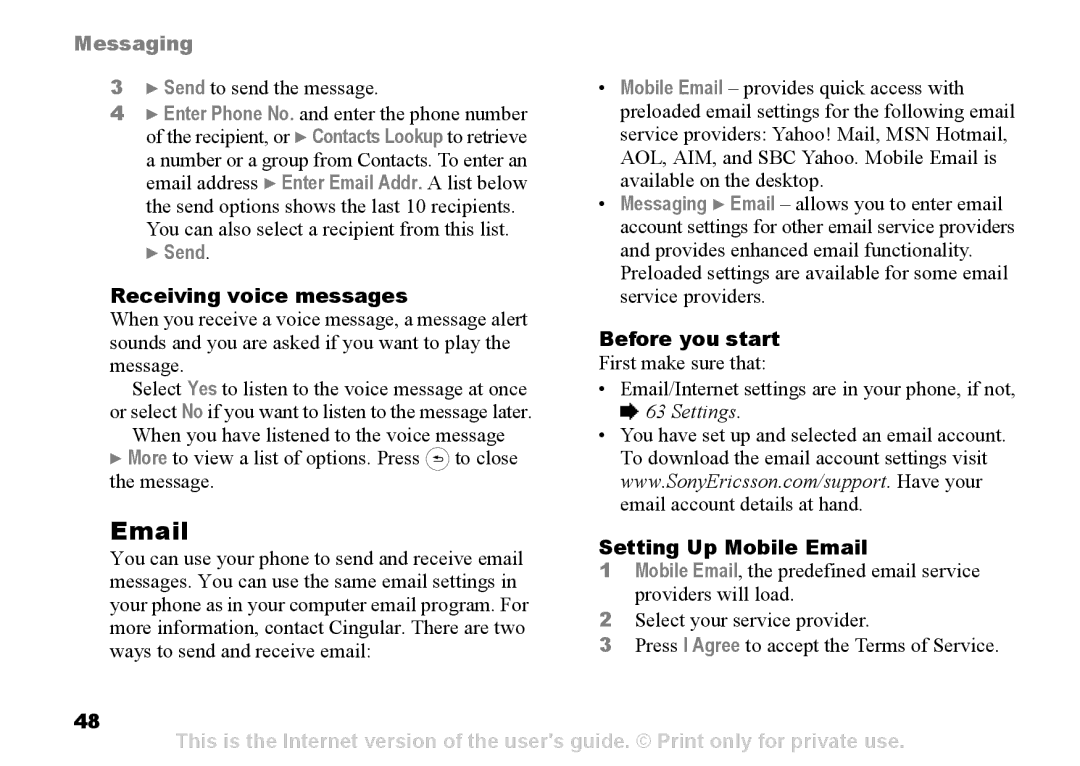 Sony Ericsson Z525a manual Receiving voice messages, Setting Up Mobile Email 