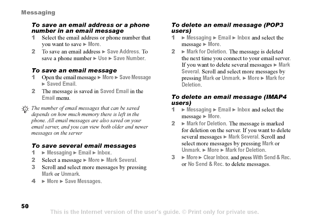 Sony Ericsson Z525a manual To save an email message, To delete an email message IMAP4, To save several email messages 