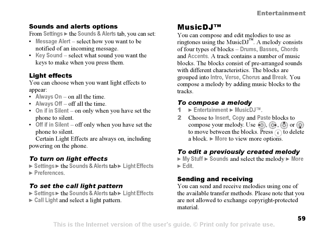 Sony Ericsson Z525a manual MusicDJ, To compose a melody, To edit a previously created melody, To turn on light effects 