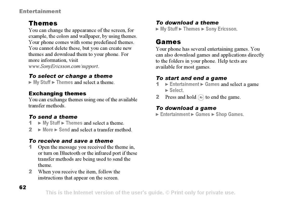 Sony Ericsson Z525a manual Themes, Games 