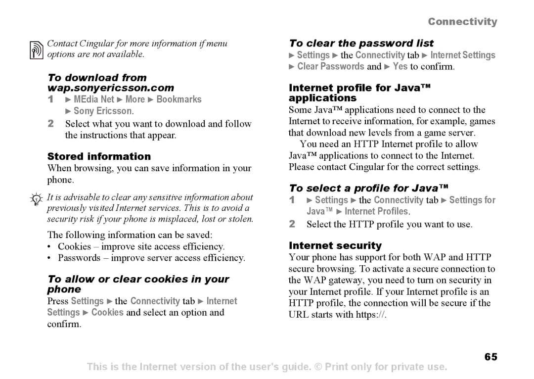 Sony Ericsson Z525a manual To clear the password list, To download from, Wap.sonyericsson.com, To select a profile for Java 
