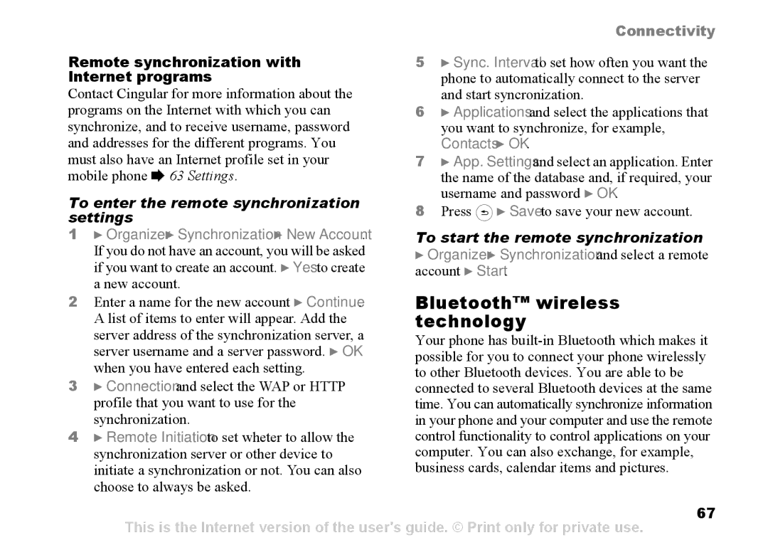 Sony Ericsson Z525a manual Bluetooth wireless, Technology, To enter the remote synchronization, Settings 